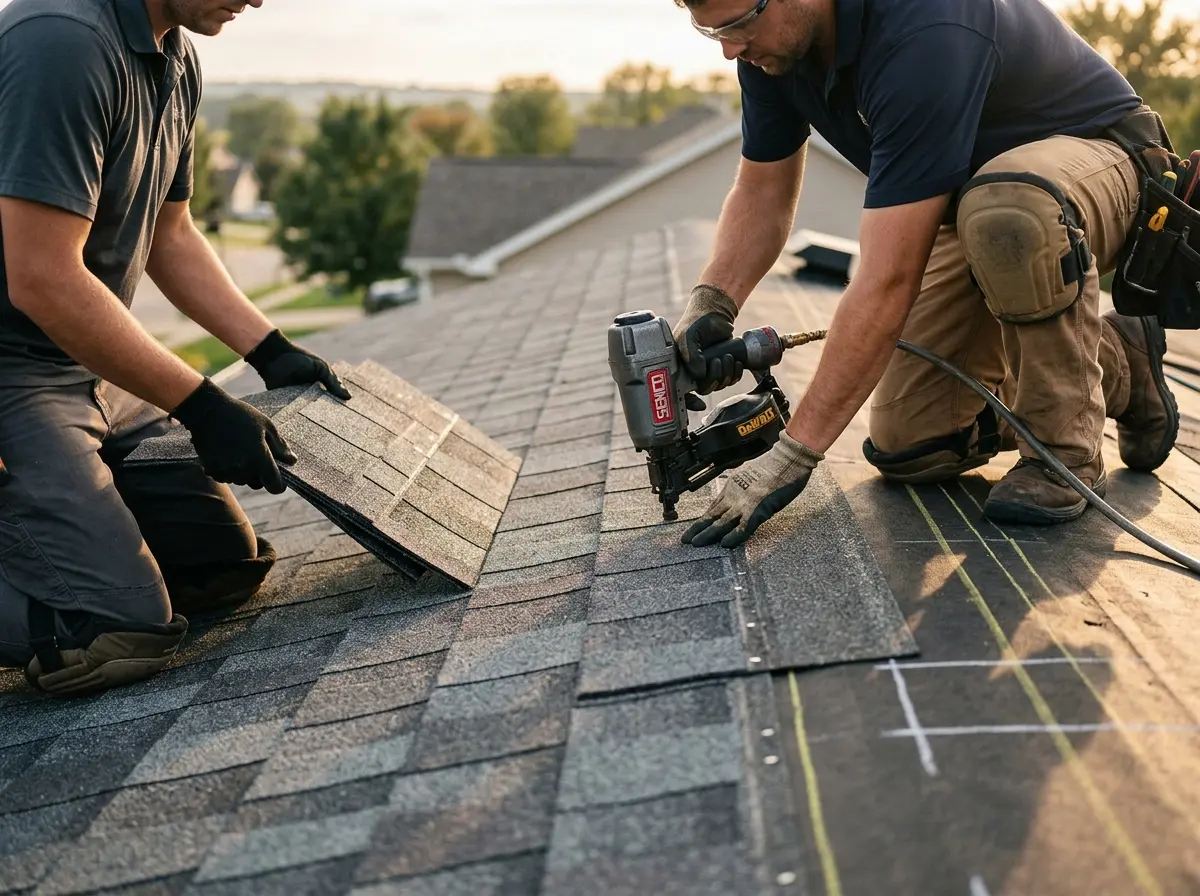 Professional roofer working on a residential roof in Johnson Lane